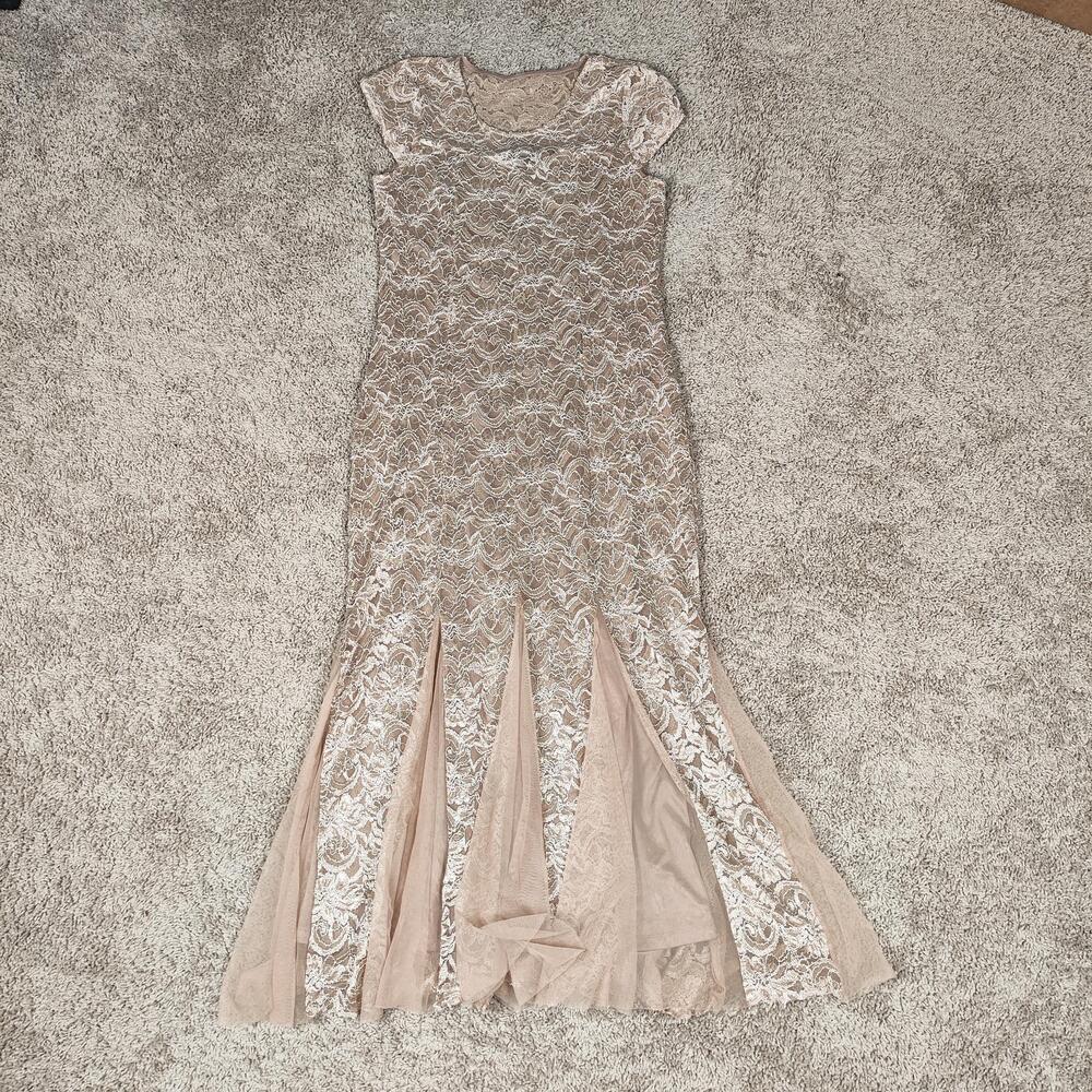Candalite Dress Womens XL Beige Floral Lace Mermaid Maxi Cap Sleeve Evening Gown